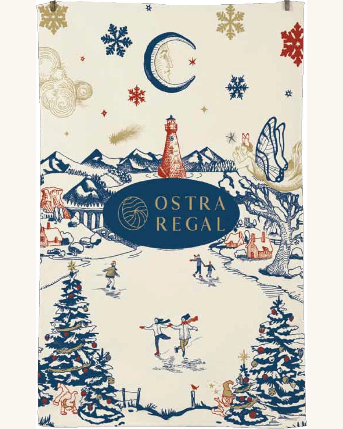 Torchon Noël 2024 Ostra Regal : patinoire, phare rouge et sapins enneigés sur fond écru